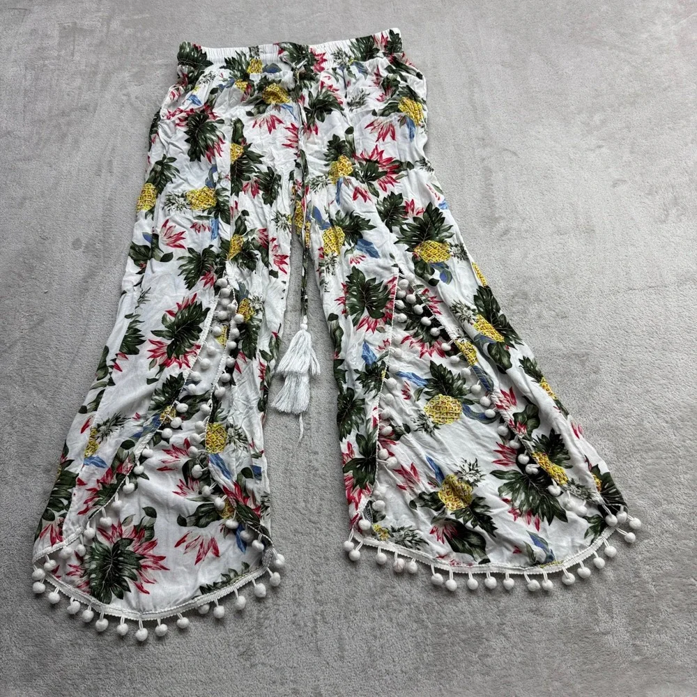Solitaire Swim Cover Up Pants Women Medium White Tropical Pineapple Pom Pom Slit